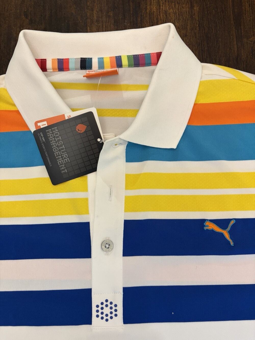 New Puma Polo Shirt Large Blue Stripe Golf Performance Logo Lightweight 2012 NOS